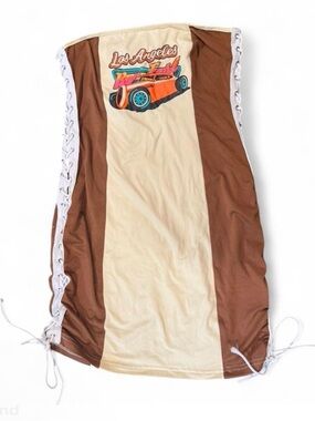 2019 Cream & Brown Strapless Dress Lace Up Sides Boho Western Rave Festival M-L